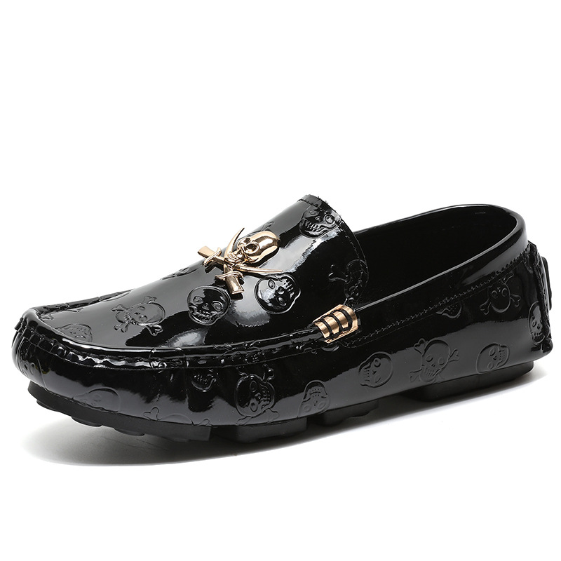 Patent Leather Shine - รองเท้าโลฟเฟอร์ผู้ชาย ไซส์ 38-48 ลายหัวกะโหลก หนังแก้ว หรูหรา